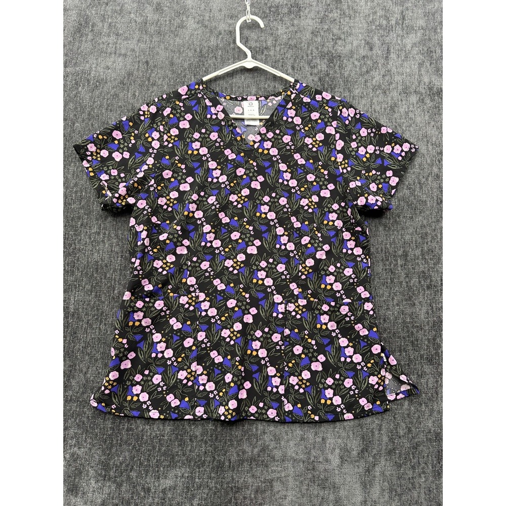 WonderWink Scrub Top Womens Large Black Floral Stretch Modern Fit V Neck Medical